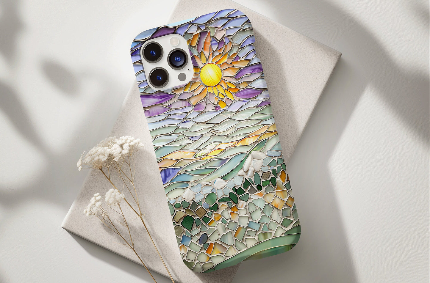 3D Stained Glass style Sun and Ocean Phone Case, Glass Mosaic Boho for iPhone 13, 14, 15, Pixel 8 Pro, Samsung S24