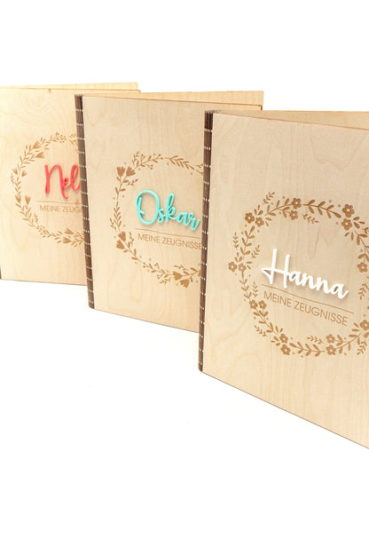 Certificate folder made of wood with floral patterns, folder for certificates with name, school enrollment gift for school child, certificate folder A4 with transparencies