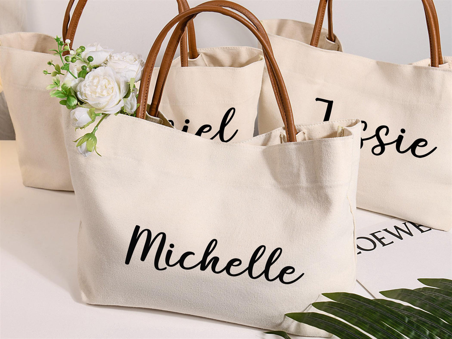 Custom Bridesmaid Canvas Tote Bag with Name, Beach Bag with Zipper/Magnetic Buckle, Bridal Party Gift, Birthday/Wedding Gift for Friends/Bridesmaid