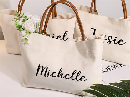 Custom Bridesmaid Canvas Tote Bag with Name, Beach Bag with Zipper/Magnetic Buckle, Bridal Party Gift, Birthday/Wedding Gift for Friends/Bridesmaid