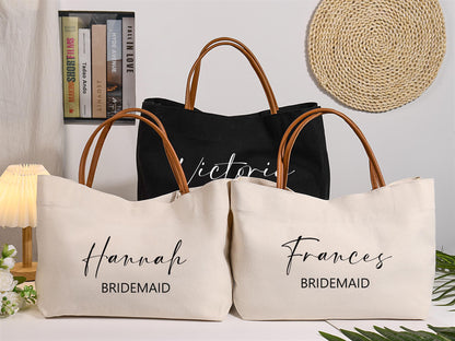 Custom Bridesmaid Canvas Tote Bag with Name, Beach Bag with Zipper/Magnetic Buckle, Bridal Party Gift, Birthday/Wedding Gift for Friends/Bridesmaid
