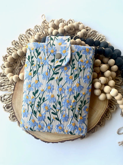 Blue Beige Daisy Embroidered book sleeve, kindle sleeve, ereader cover, iPad sleeve, Book Gift, book pouch, Bible cover