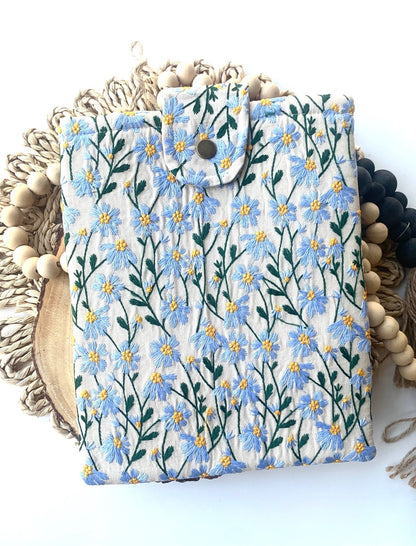 Blue Beige Daisy Embroidered book sleeve, kindle sleeve, ereader cover, iPad sleeve, Book Gift, book pouch, Bible cover