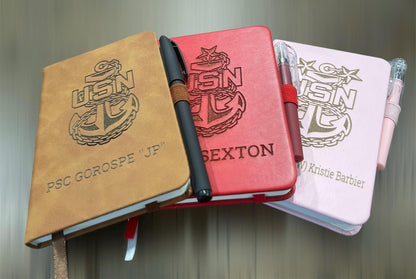 Custom/ Personalized mini Note book with Pen.  laser engraved US Navy. Laser Engraved Notebook customized.