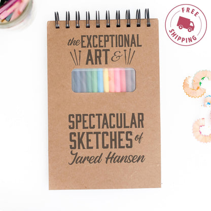 Custom Drawing Sketchbook with 12 Coloring Pencils, Personalized Gift for Young Artist, Birthday Gift for Boys and Girls, Teens, Sketch Pad