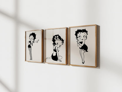 Betty Boop Set of 3 Canvas / Art Prints / Framed Wall Art, Home Decor, Dorm Art for College Girls, Aura Poster Gift for Girlfriend