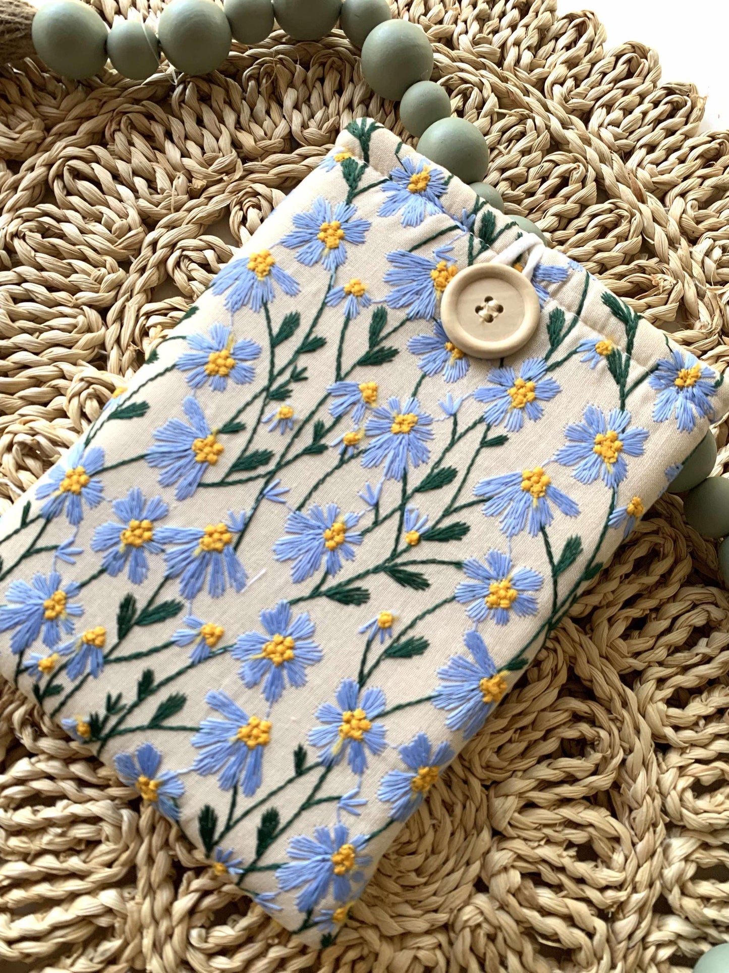 Blue Beige Daisy Embroidered book sleeve, kindle sleeve, ereader cover, iPad sleeve, Book Gift, book pouch, Bible cover