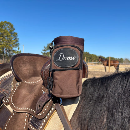Personalized Horse Saddle Water Bottle Holder, Brown, Multi Pocket Horse Saddle Drink Holder up to 40oz, Horse Gifts, Horse Stuff Horse Tack