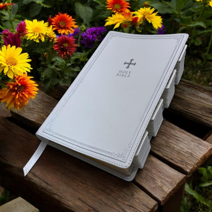 Custom White NRSV Tabbed BIBLE with Tabs Catholic Gift for Her Mom Women Men Christian Baptism Communion Confirmation Wedding Birthday Son