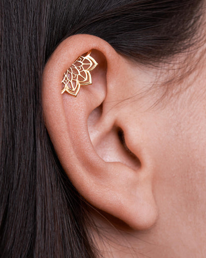 Boho Helix Earring • Geometric Mandala Lotus Flower Hidden Helix • Piercing 18G 16G • Cartilage Bohemian Silver Spiritual Jewelry •  CRT023
