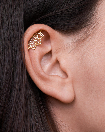 Boho Helix Earring • Geometric Mandala Lotus Flower Hidden Helix • Piercing 18G 16G • Cartilage Bohemian Silver Spiritual Jewelry •  CRT023
