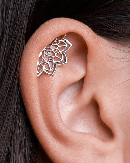 Boho Helix Earring • Geometric Mandala Lotus Flower Hidden Helix • Piercing 18G 16G • Cartilage Bohemian Silver Spiritual Jewelry •  CRT023